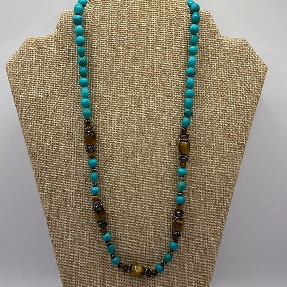 Tigers Eye Necklace Turquoise Howlite Beads Silver Tone Natural Tones - Picture 1 of 8